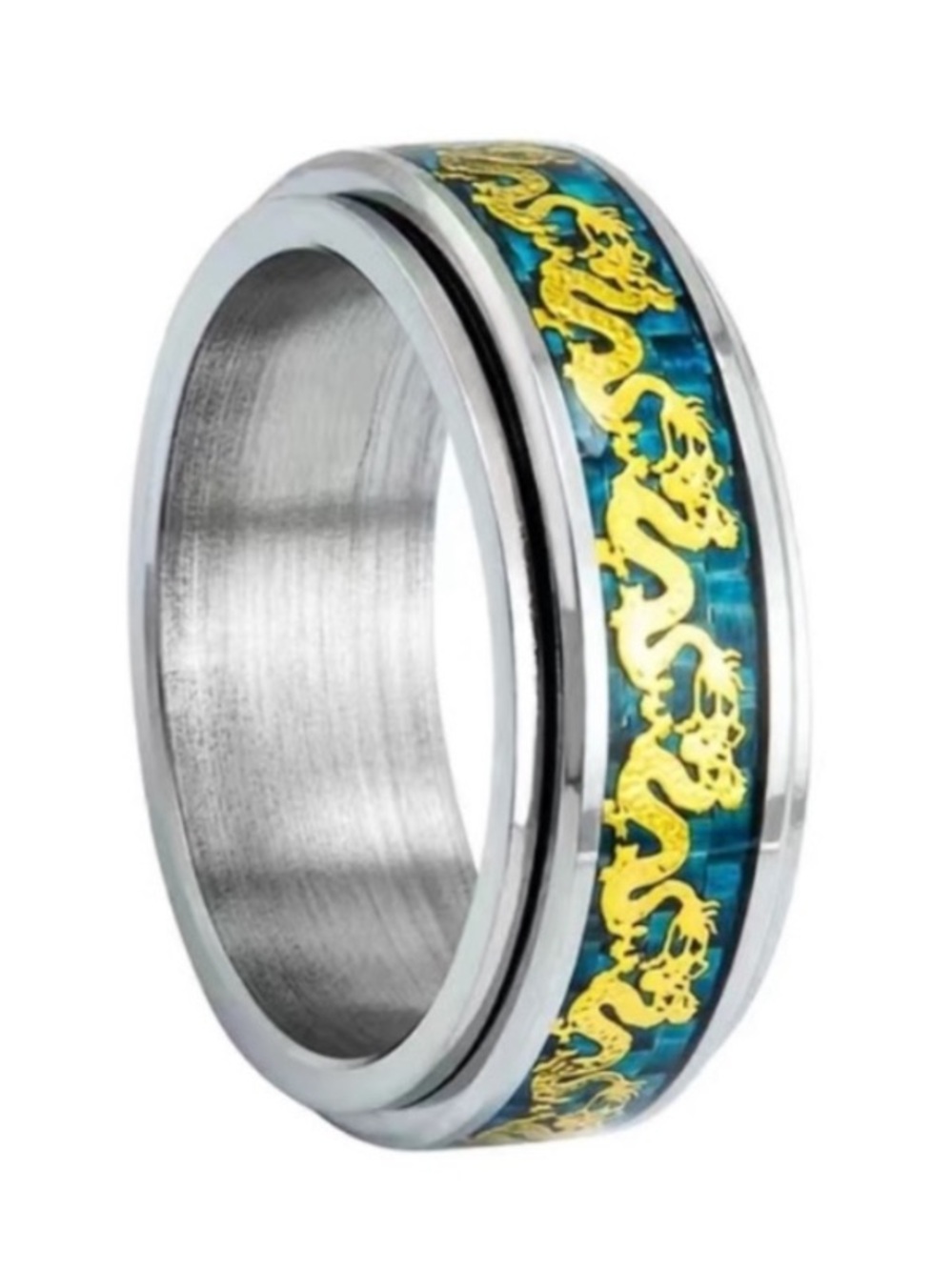 Stainless Steel Dragon Fidget Spinner Ring - Blue Inlay Gold Dragon